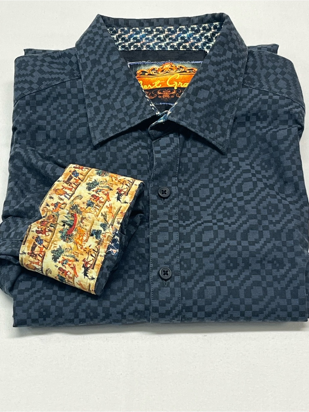Robert Graham men’s17x36 navy blue Geometric Button Shirt Printed Cuff Trim 1347